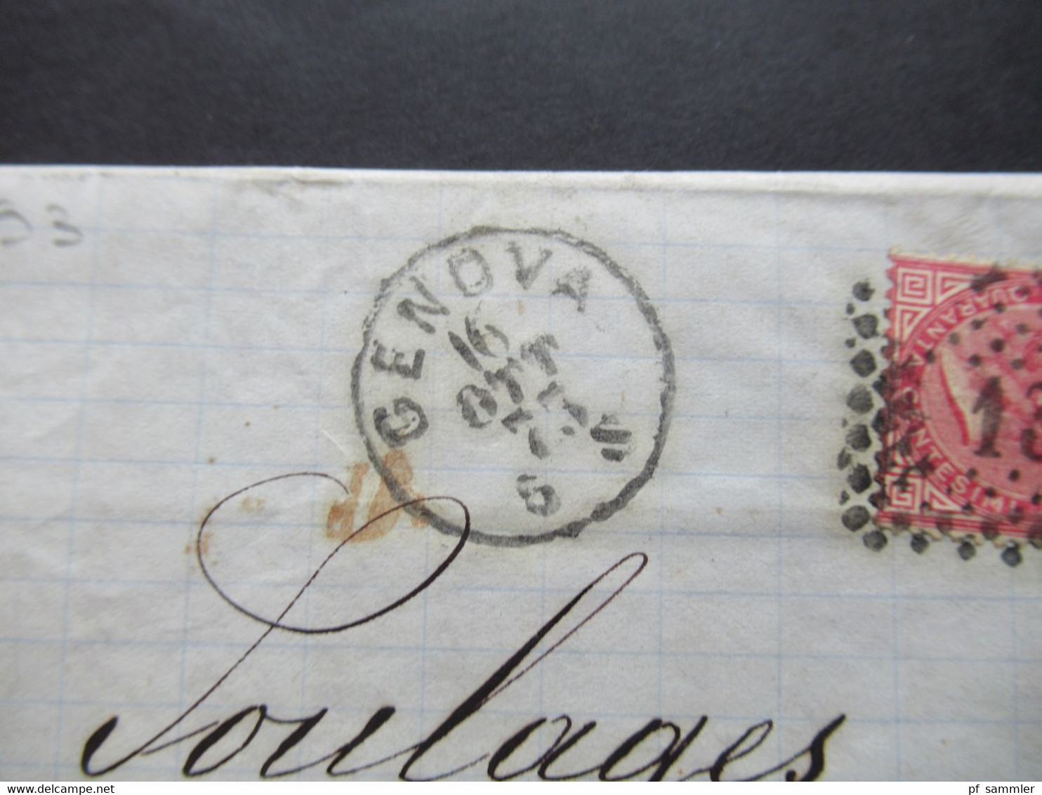 Italien 1863 / 73 Nr.20 EF Nr.Stempel 13 Und K1 Genova Faltbrief Mit Inhalt Nach Bordeaux Roter K2 Italie AMB M Cenis - Poststempel