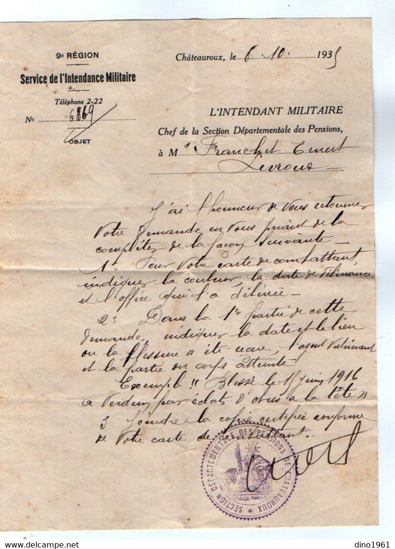 VP19.391 - MILITARIA - CHATEAUROUX  X LEVROUX 1935 - Lettre De L'Intendant Militaire - Pension / Carte Du Combattant - Dokumente