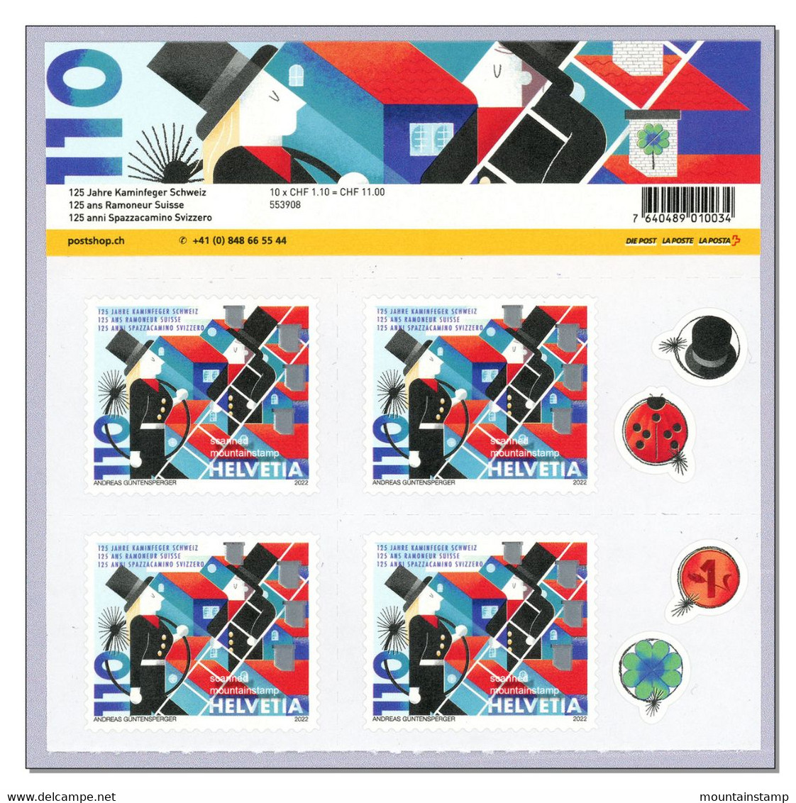 Switzerland 2022 (2022/1) 125 Years Chimney Sweeper  Switzerland Kaminfeger - MNH ** Block Of 4 From The Top On The Pane - Nuevos