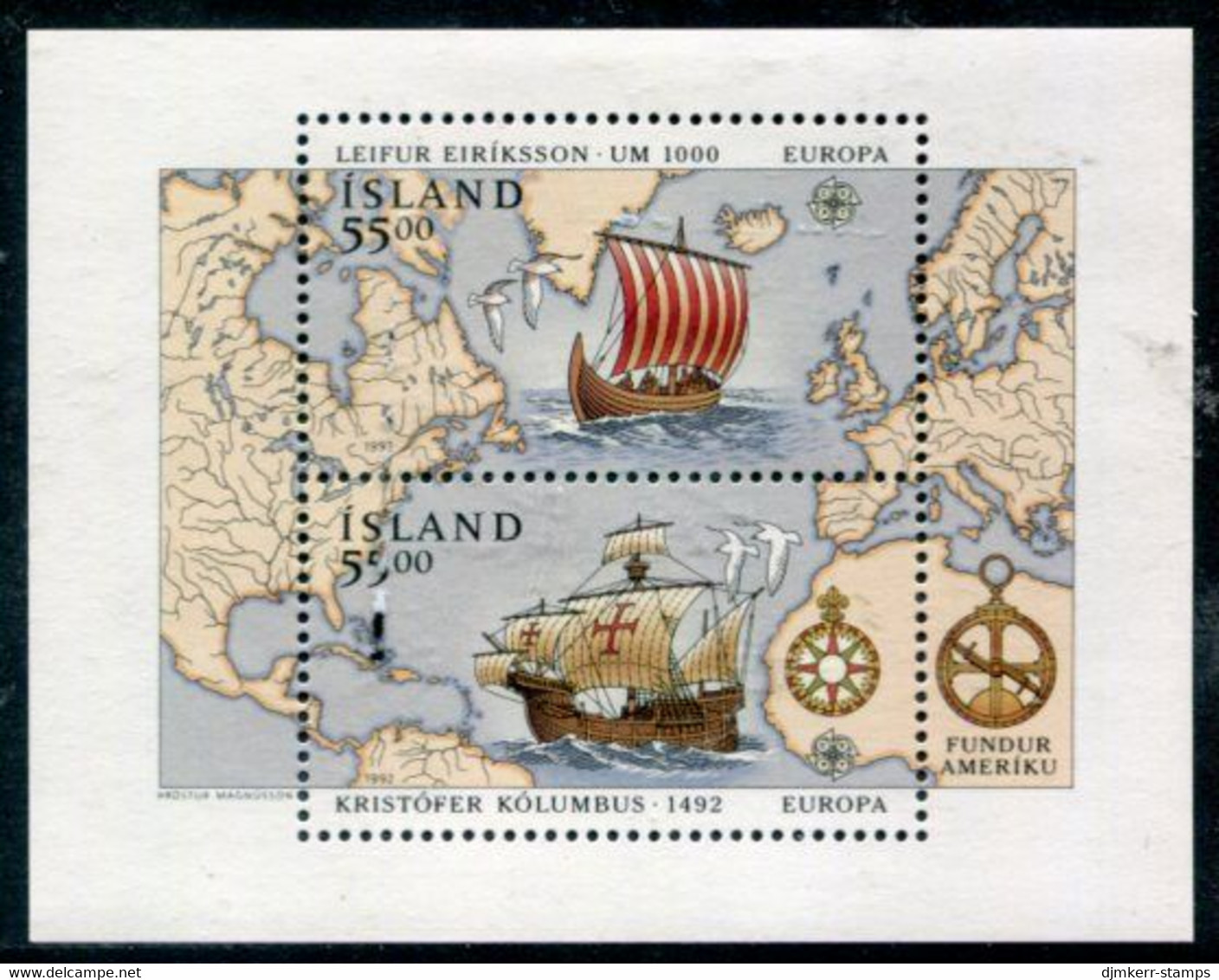 ICELAND 1992 Europa: Discovery Of America Block  MNH / **.  Michel Block 13 - Unused Stamps