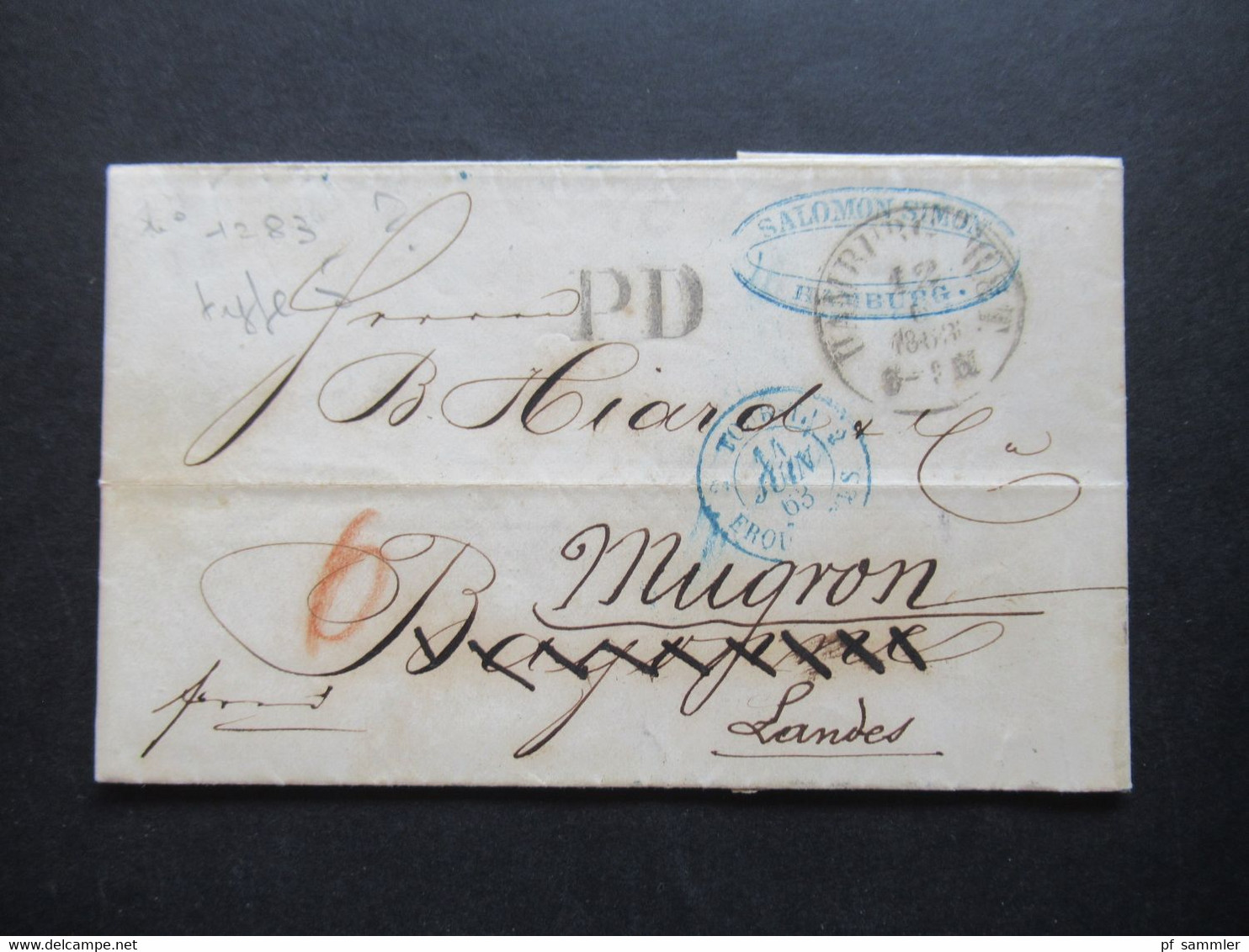 AD Hamburg K1 Hamburg Th&T 12.6.1863 PD Und Blauer K2 Tour T 2 Erquelines Firmenstempel Salomon Simon (Judaika) - Hambourg