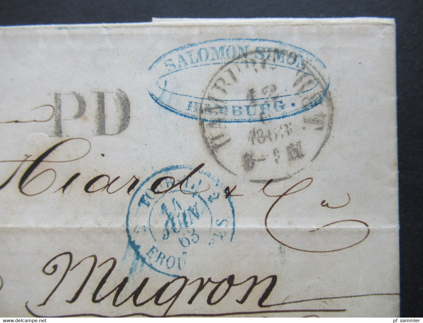 AD Hamburg K1 Hamburg Th&T 12.6.1863 PD Und Blauer K2 Tour T 2 Erquelines Firmenstempel Salomon Simon (Judaika) - Hamburg (Amburgo)