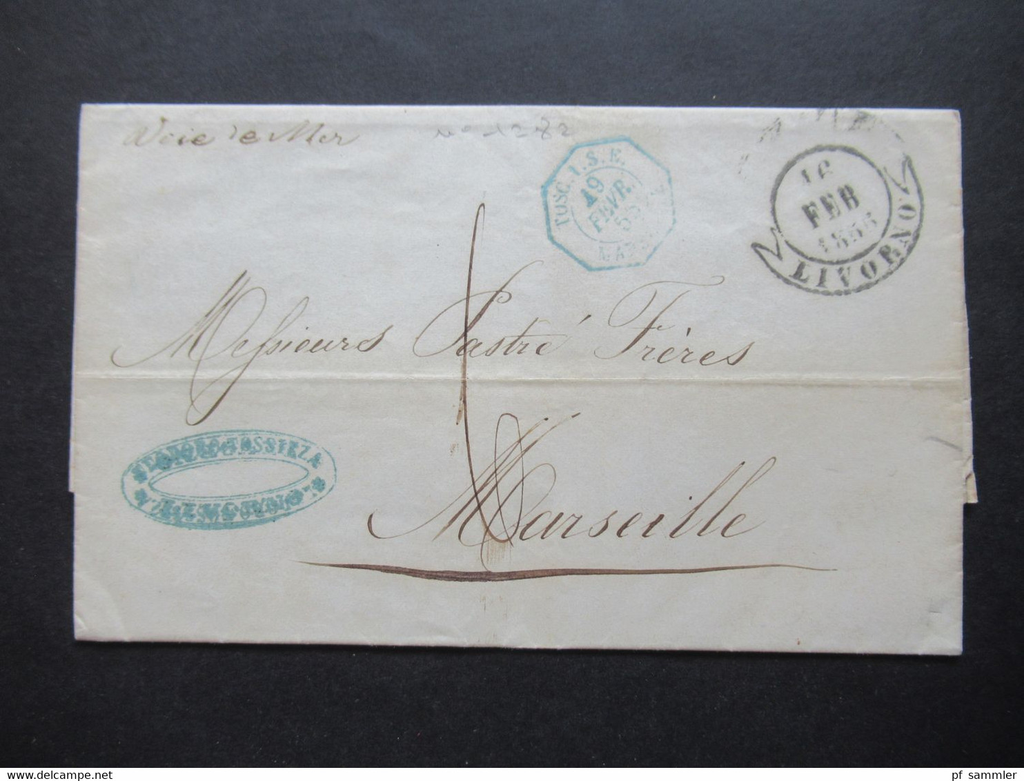 Italien 16.2.1855 Livorno - Marseille Schiffspost Voie E Mer Blauer Stempel Tosc.1. S. E. Marseille Faltbrief Mit Inhalt - Toscana
