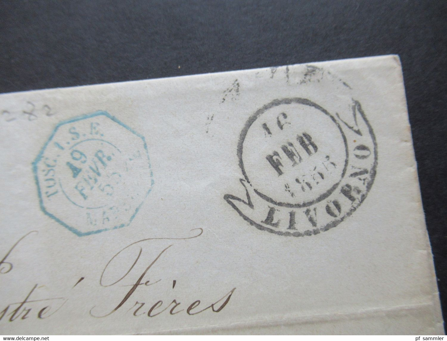 Italien 16.2.1855 Livorno - Marseille Schiffspost Voie E Mer Blauer Stempel Tosc.1. S. E. Marseille Faltbrief Mit Inhalt - Toscane