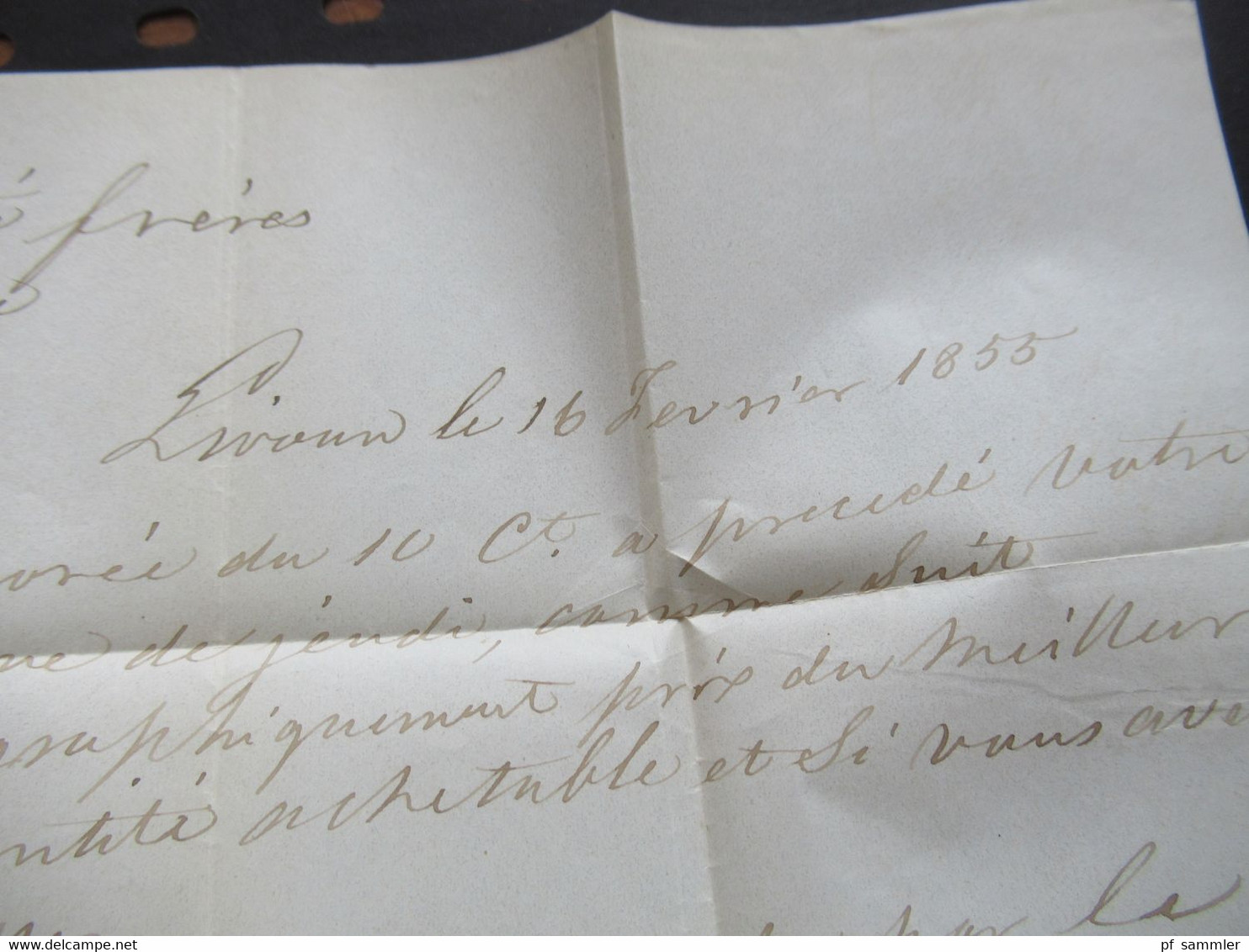 Italien 16.2.1855 Livorno - Marseille Schiffspost Voie e Mer blauer Stempel Tosc.1. S. E. Marseille Faltbrief mit Inhalt