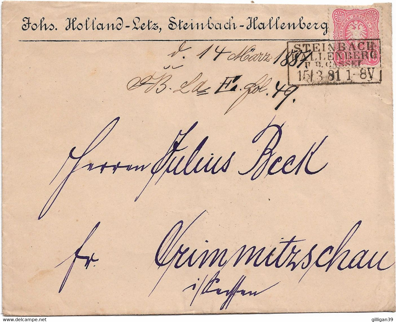 Briefumschlag Johs. Holland-Letz, Steinbach-Hallenberg, Viereckstempel Steinbach-Hallenberg, Cassel, 1881 - Cartas & Documentos