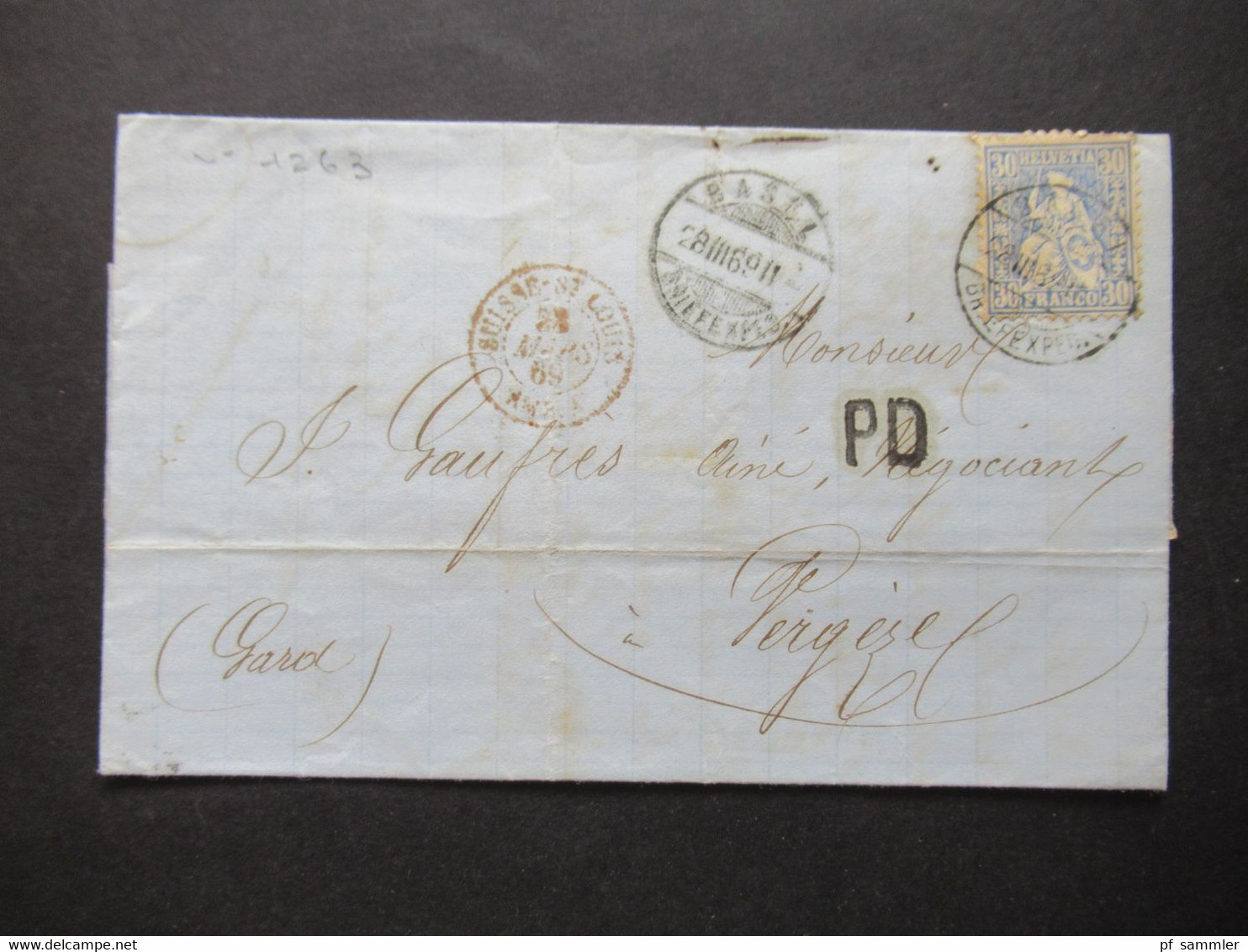 Schweiz 1869 Sitzende Helvetia Nr.33 EF PD Brief Basel - Vergeze Stempel Suisse - St. Louis AMB Faltbrief Mit Inhalt - Storia Postale