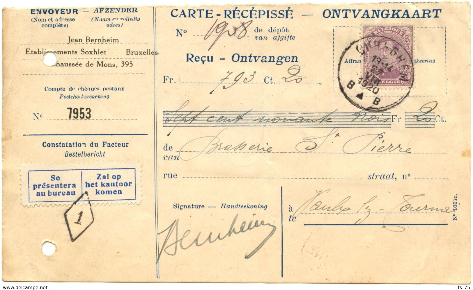 BELGIQUE - COB 140 20C LILAS ALBERT 1ER SC GREGHEM SUR CARTE RECEPISSE, 1920 - Other & Unclassified