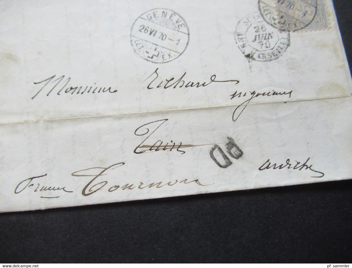Schweiz 1870 Sitzende Helvetia Nr.33 EF PD Brief Geneve - Paris Und Weitergeleitet Nach Tournon / Suisse AMB Marseille - Lettres & Documents