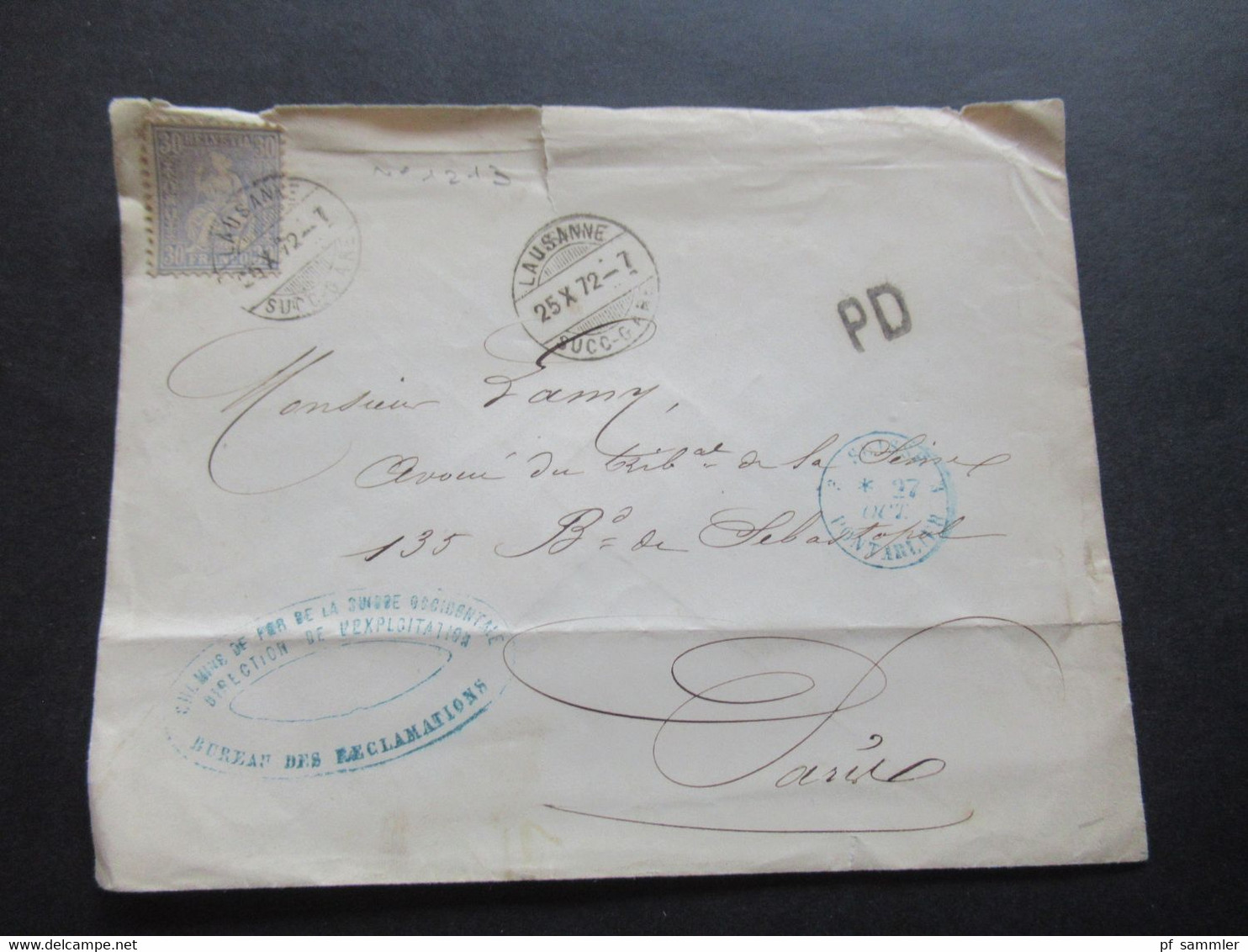 Schweiz 1872 Sitzende Helvetia Nr.33 EF PD Brief Lausanne - Paris Stp. Chemins De Fer De La Suisse Occidentale - Lettres & Documents