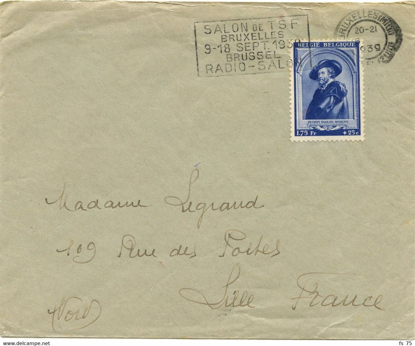 BELGIQUE - COB 509 1F75 RUBENS SEUL SUR LETTRE POUR LA FRANCE, 1939 - Briefe U. Dokumente