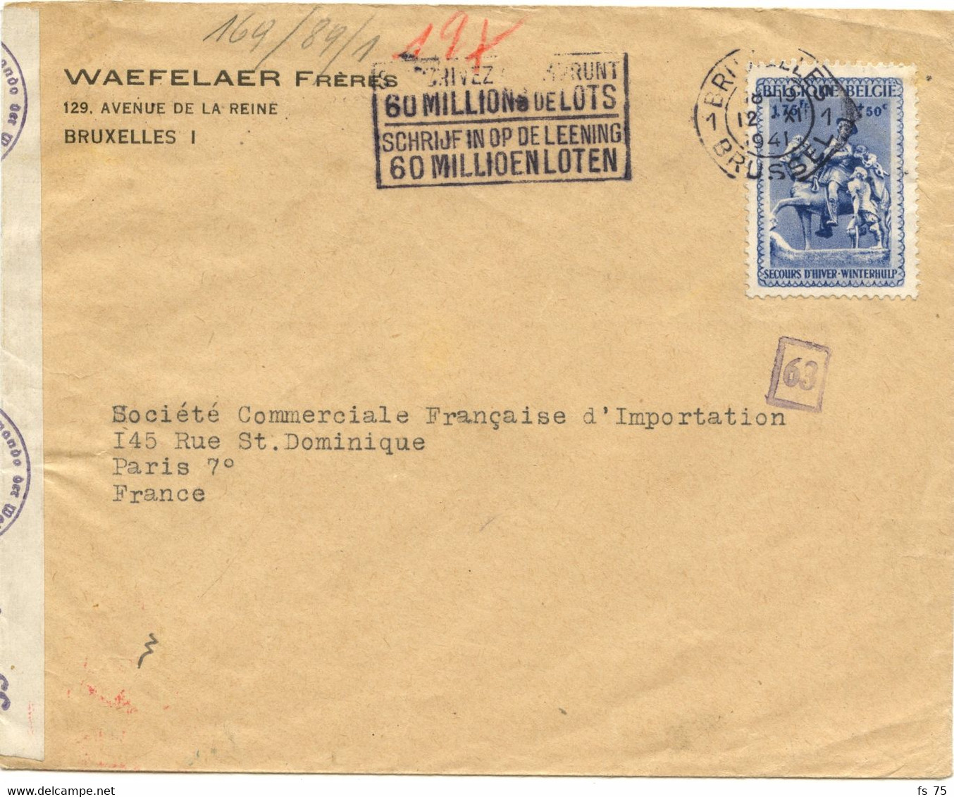 BELGIQUE - COB 589 1F75 SECOURS D'HIVER SEUL SUR LETTRE POUR LA FRANCE, 1941 - Briefe U. Dokumente