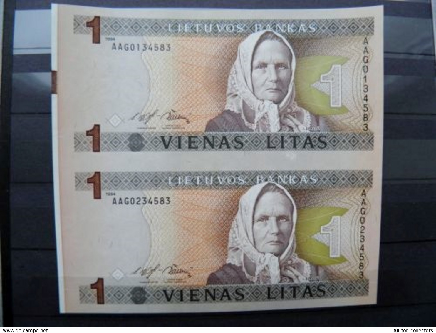 Uncuted UNC Double Banknotes Lithuania 1 Litas 1994 P-53 Writer Zemaite Church - Lituanie