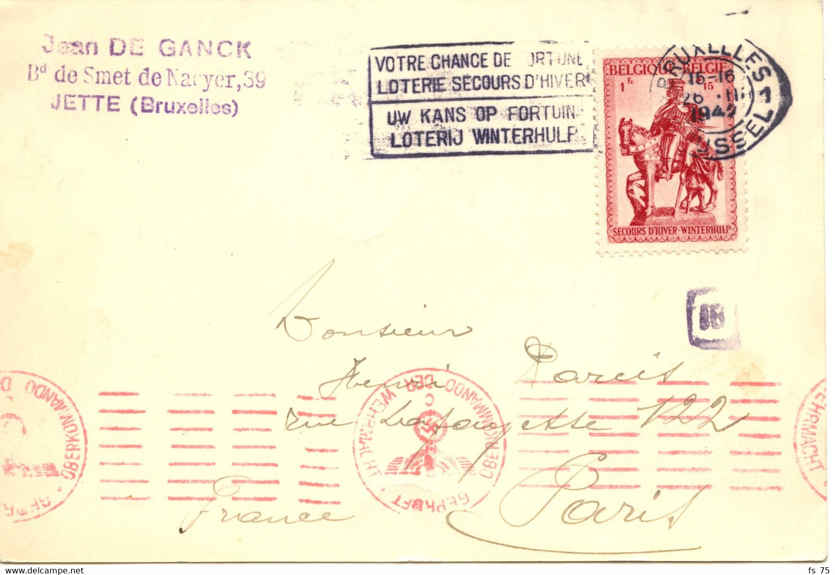 BELGIQUE - COB 587 1F ROUGE SECOURS D'HIVER SEUL SUR CARTE POSTALE POUR LA FRANCE, 1942 - Covers & Documents