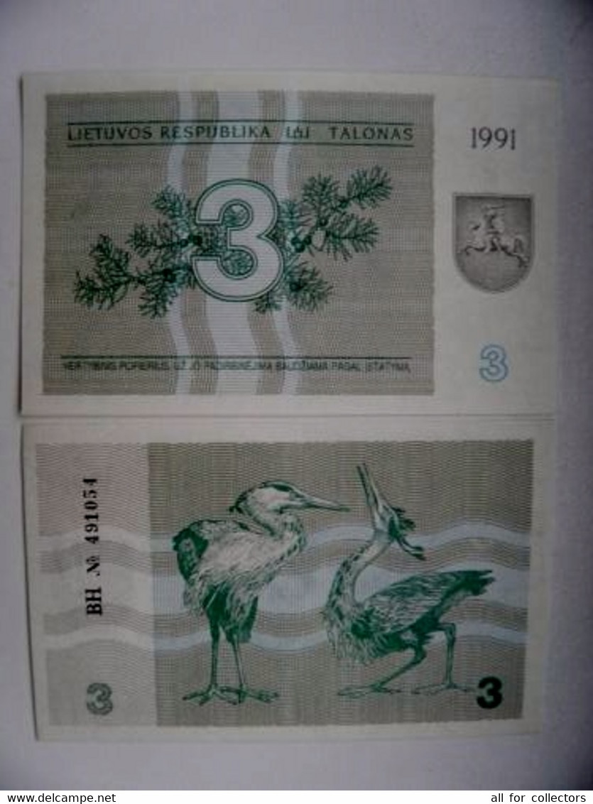 Sale! UNC Banknote Lithuania P-33b 1991 3 Talonas Animals Birds Oiseaux Herons - Litouwen