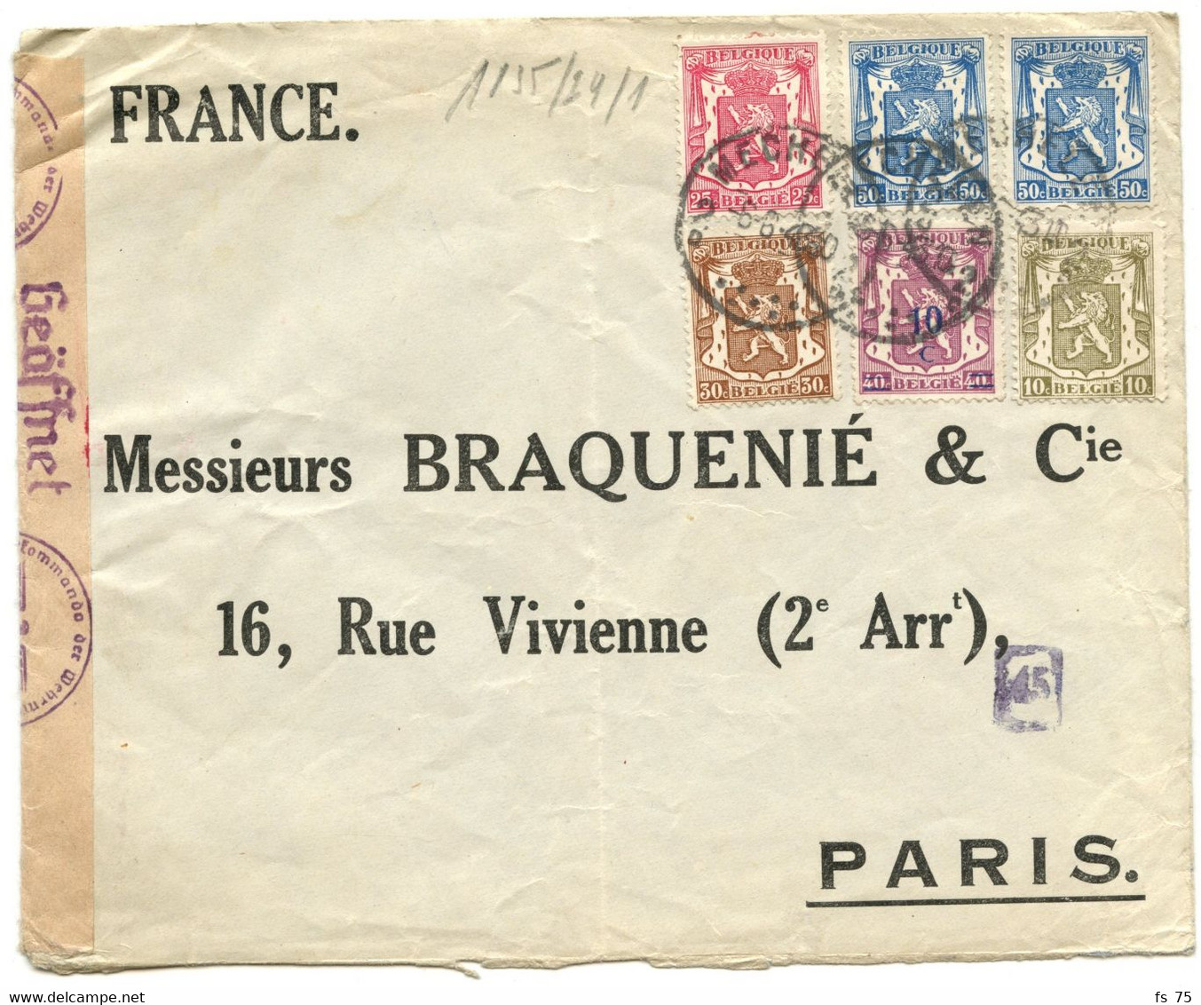 BELGIQUE - COB 420+423+424+426X2+569 PETIT SCEAU SUR LETTRE POUR LA FRANCE, 1943 - Covers & Documents