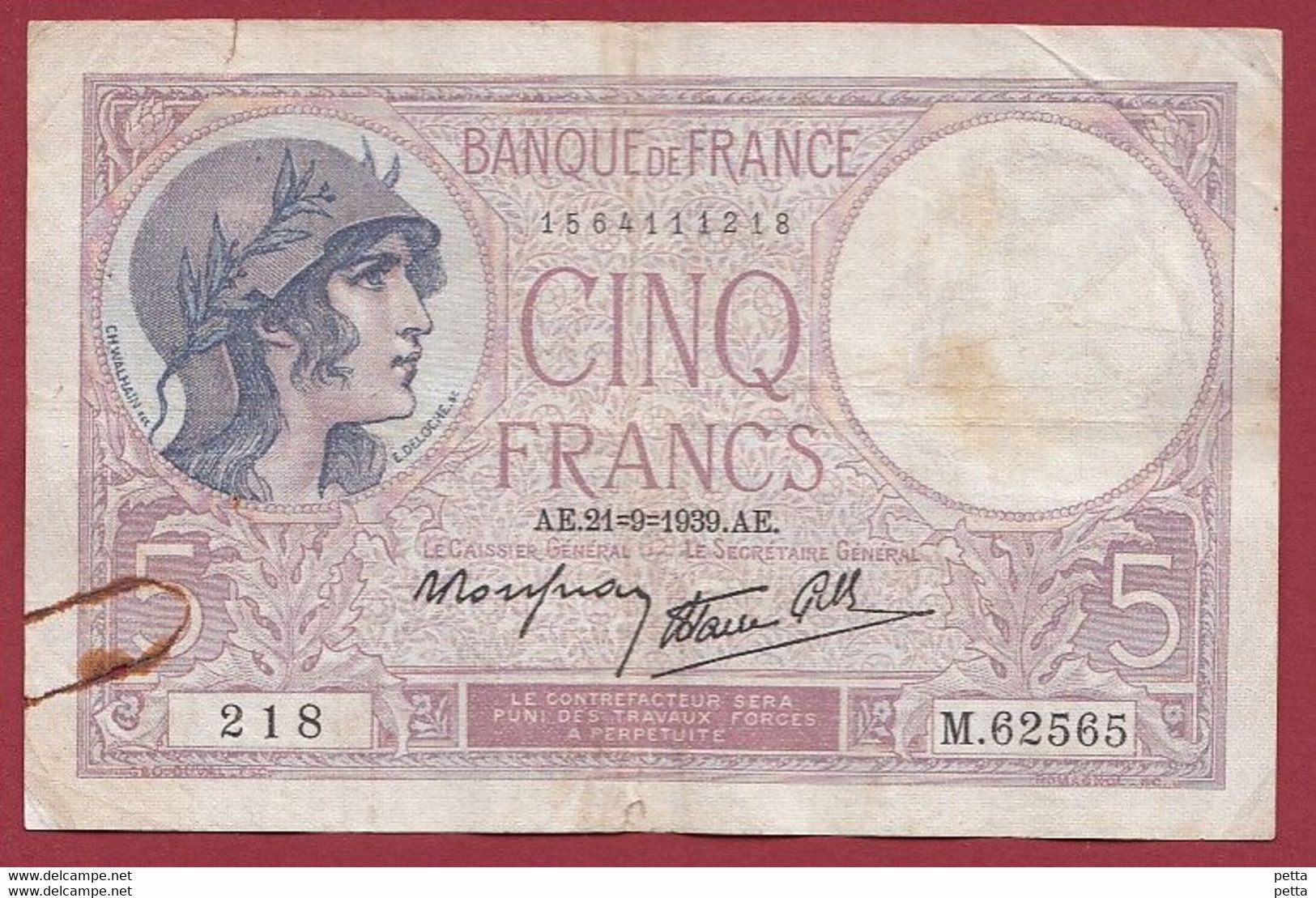 5 Francs "Violet" Du 21/09/1939.A.E---ALPH .M.62585--- Dans L 'état - - 5 F 1917-1940 ''Violet''