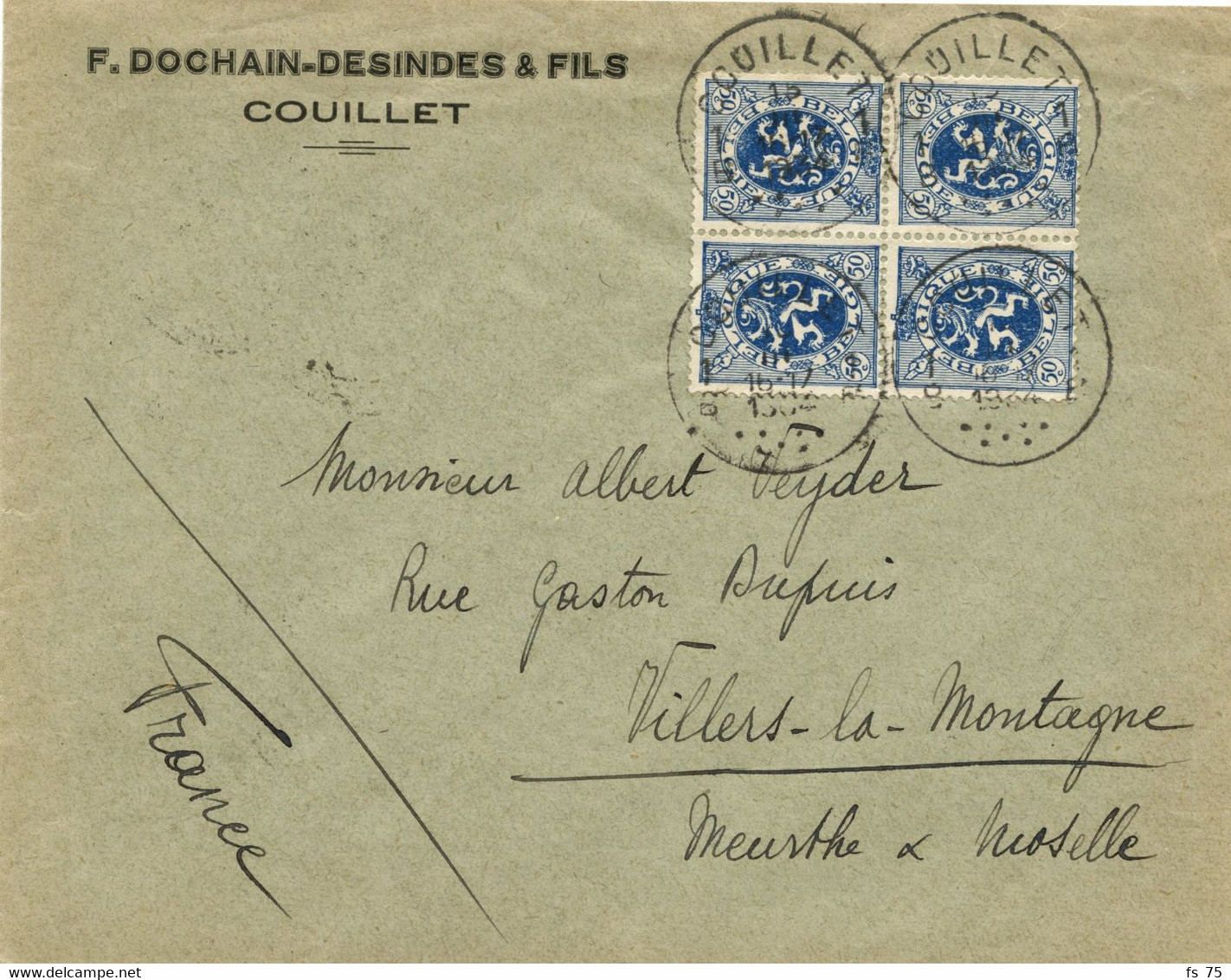 BELGIQUE - COB 285 50C BLEU LION HERALDIQUE BLOC DE 4 TETE BECHE SUR LETTRE POUR LA FRANCE, 1934 - Covers & Documents