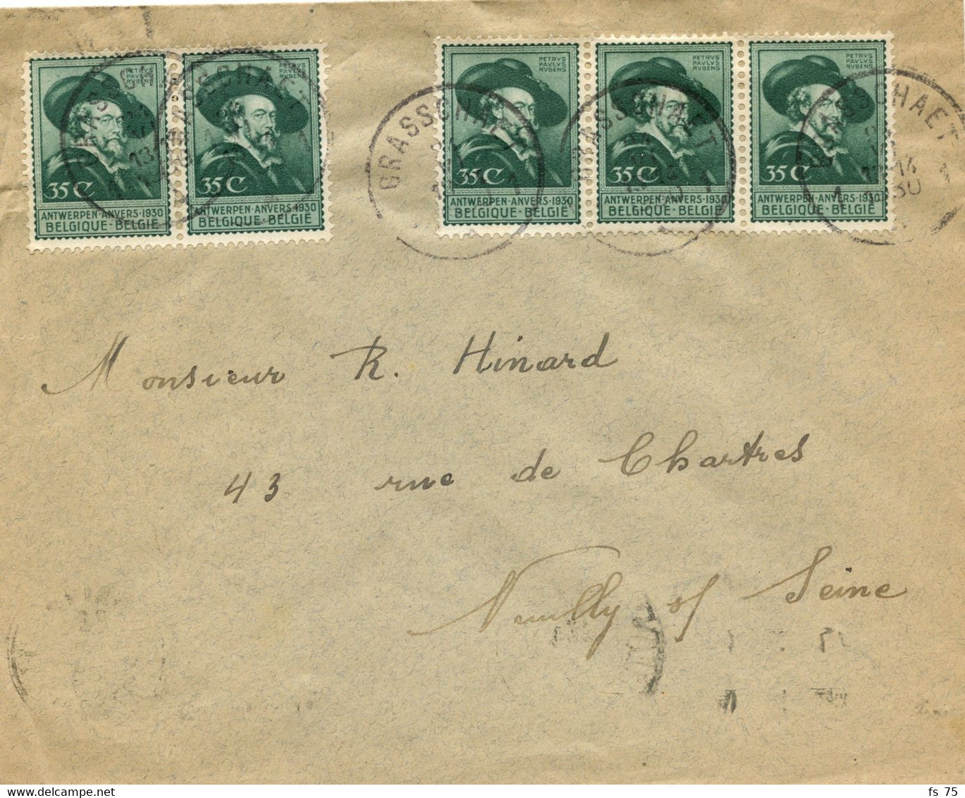 BELGIQUE - COB 300 35C VERT RUBENS X 5  SUR LETTRE POUR LA FRANCE, 1930 - Briefe U. Dokumente