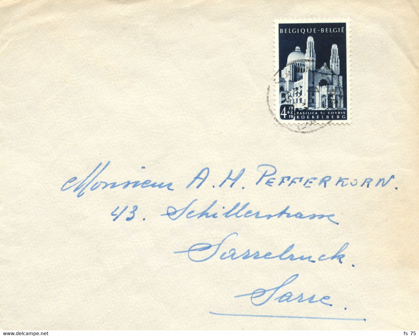 BELGIQUE - COB 877 4F BLEU BASILIQUE DE KOELELBERG SEUL SUR LETTRE POUR LA FRANCE, 1952 - Lettres & Documents