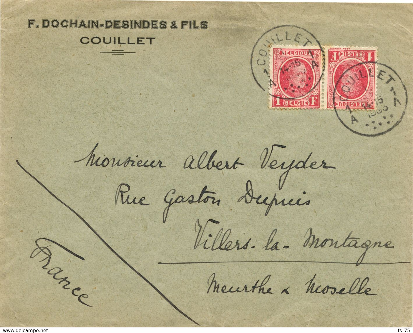 BELGIQUE - COB 256 1F ROSE HOUYOUX PAIRE SUR LETTRE POUR LA FRANCE, 1933 - Cartas & Documentos