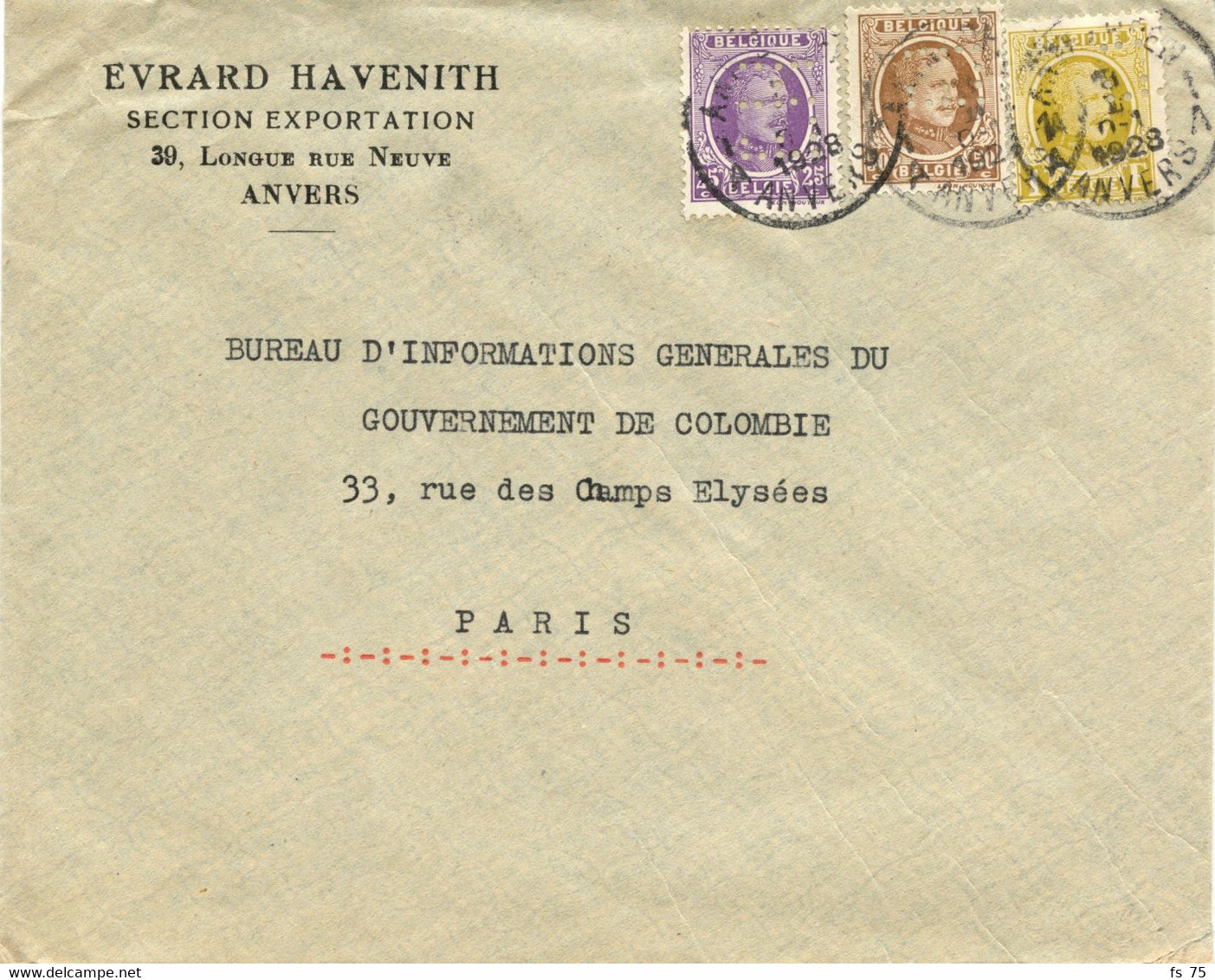 BELGIQUE - COB 198+203+205 HOUYOUX PERFORES E H SUR LETTRE A EN-TETE EVRARD HAVENITH ANVERS POUR LA FRANCE, 1928 - Cartas & Documentos
