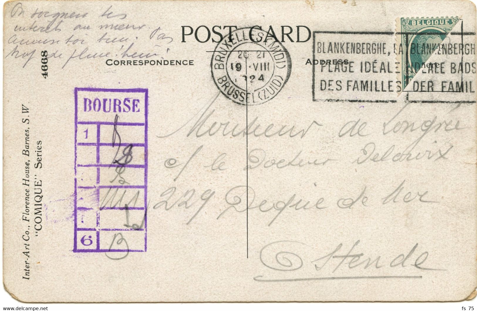 BELGIQUE - COB 194 10C VERT HOUYOUX DEMI TIMBRE SUR CARTE POSTALE DE BRUXELLES, 1924 - Cartas & Documentos