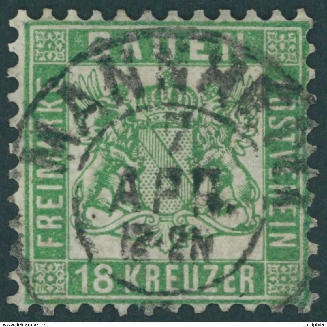 BADEN 21a O, 1862, 18 Kr. Grün, Zentrischer K2 MANNHEIM, Kleine Korrektur Sonst Pracht, Fotobefund Flemming, Mi. 700.- - Autres & Non Classés