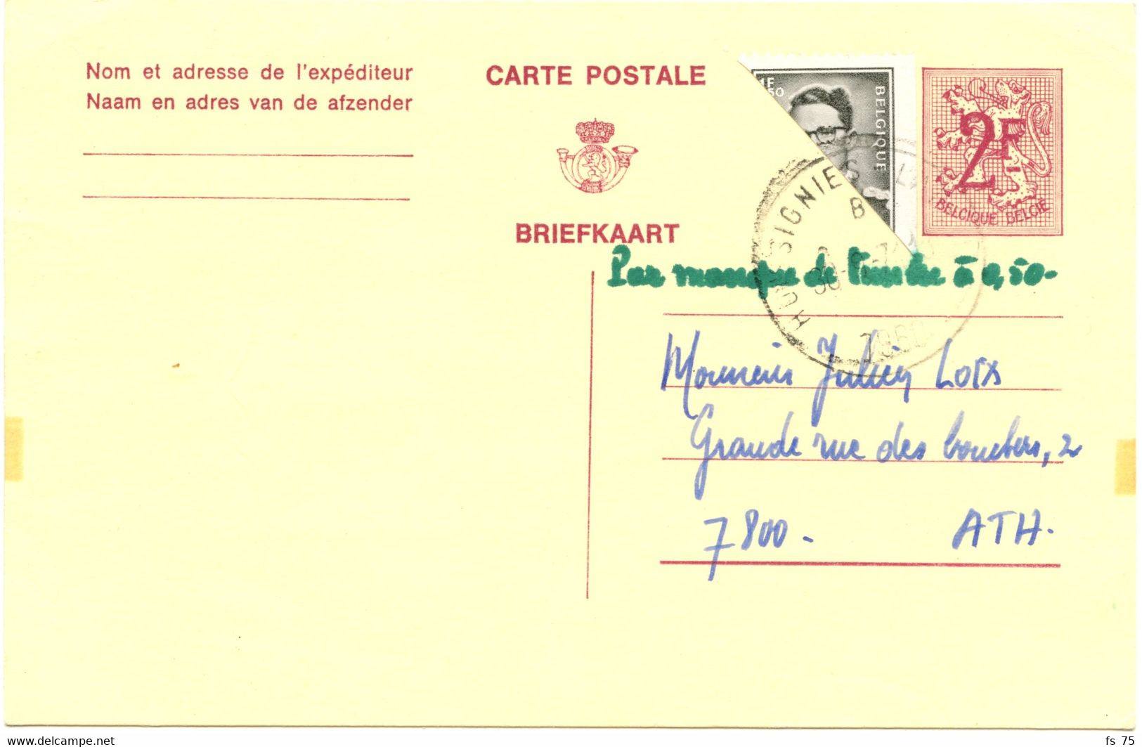 BELGIQUE - COB 1561 1F50 GRIS ROI BAUDOUIN DEMI TIMBRE SUR ENTIER CARTE POSTALE 2F LION HERALDIQUE D'HOUSIGNIES, 1971 - Cartas & Documentos