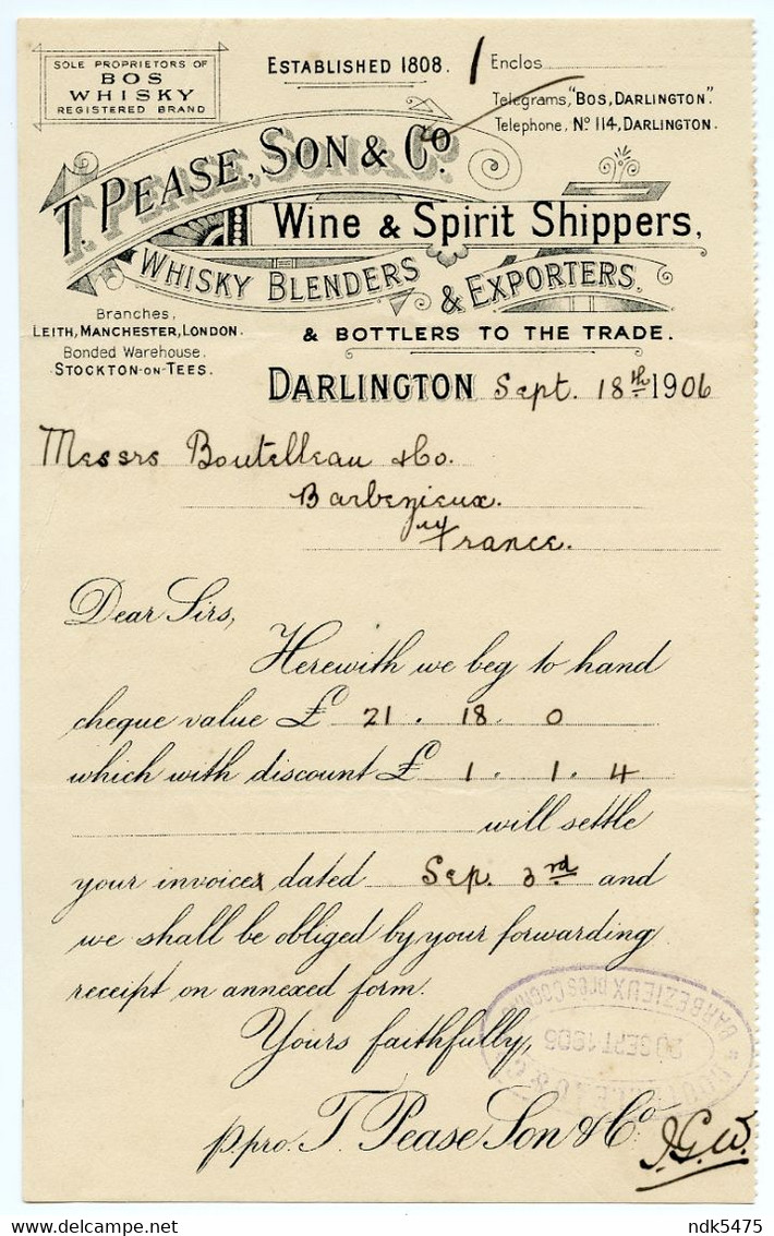 LETTER - RECEIPT / INVOICE : DARLINGTON - T. PEASE & SON - WINE & SPIRIT SHIPPERS, WHISKY BLENDERS, 1906 - Royaume-Uni