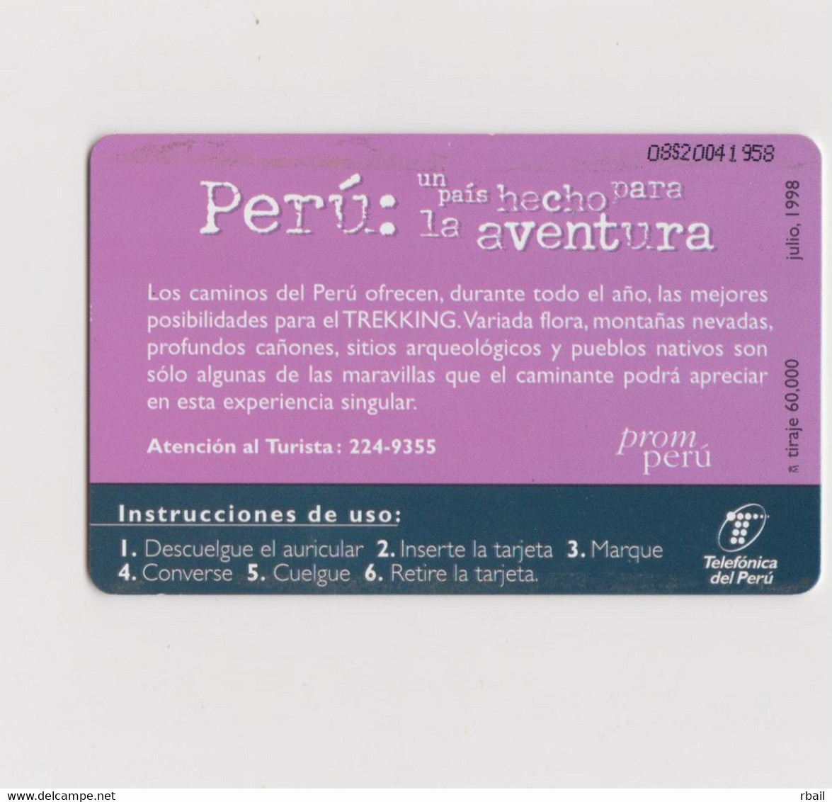 Carte Téléphonique Année 90 Origine Perou - Peru