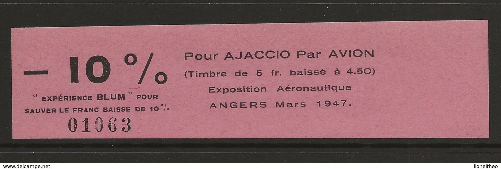 Vignette Expérience Blum Angers 1947 Par Avion Pour Ajaccio Rare - Aviación
