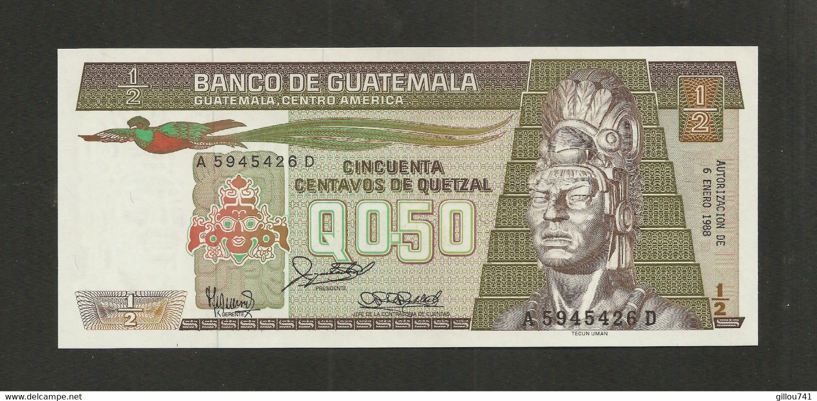 Guatemala, ½ Quetzal, 1983-1989 "Printer G&D" Issue - Guatemala