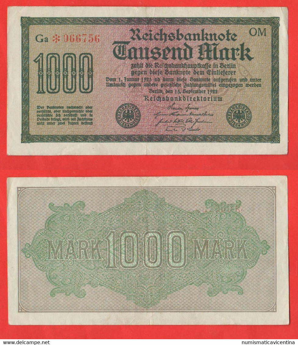 1000 Reichs Mark 1922 Germany Germania Deutschland Weimar Reichsbanknote - 1000 Mark
