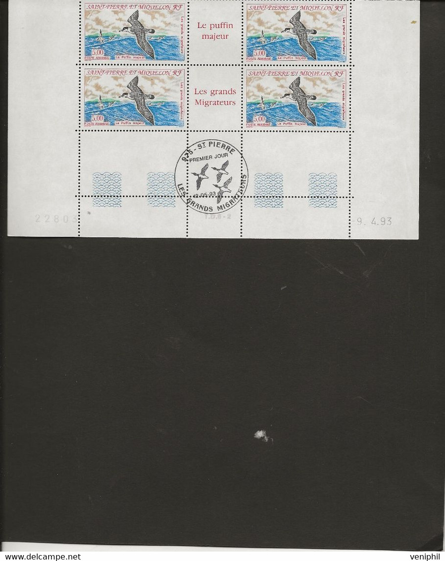 ST PIERRE ET MIQUELON - POSTE AERIENNE  N° 72 - BLOC DE 4 NEUF SANS CHARNIERE -ANNEE 1993- COTE : 9,20 € - Ungebraucht