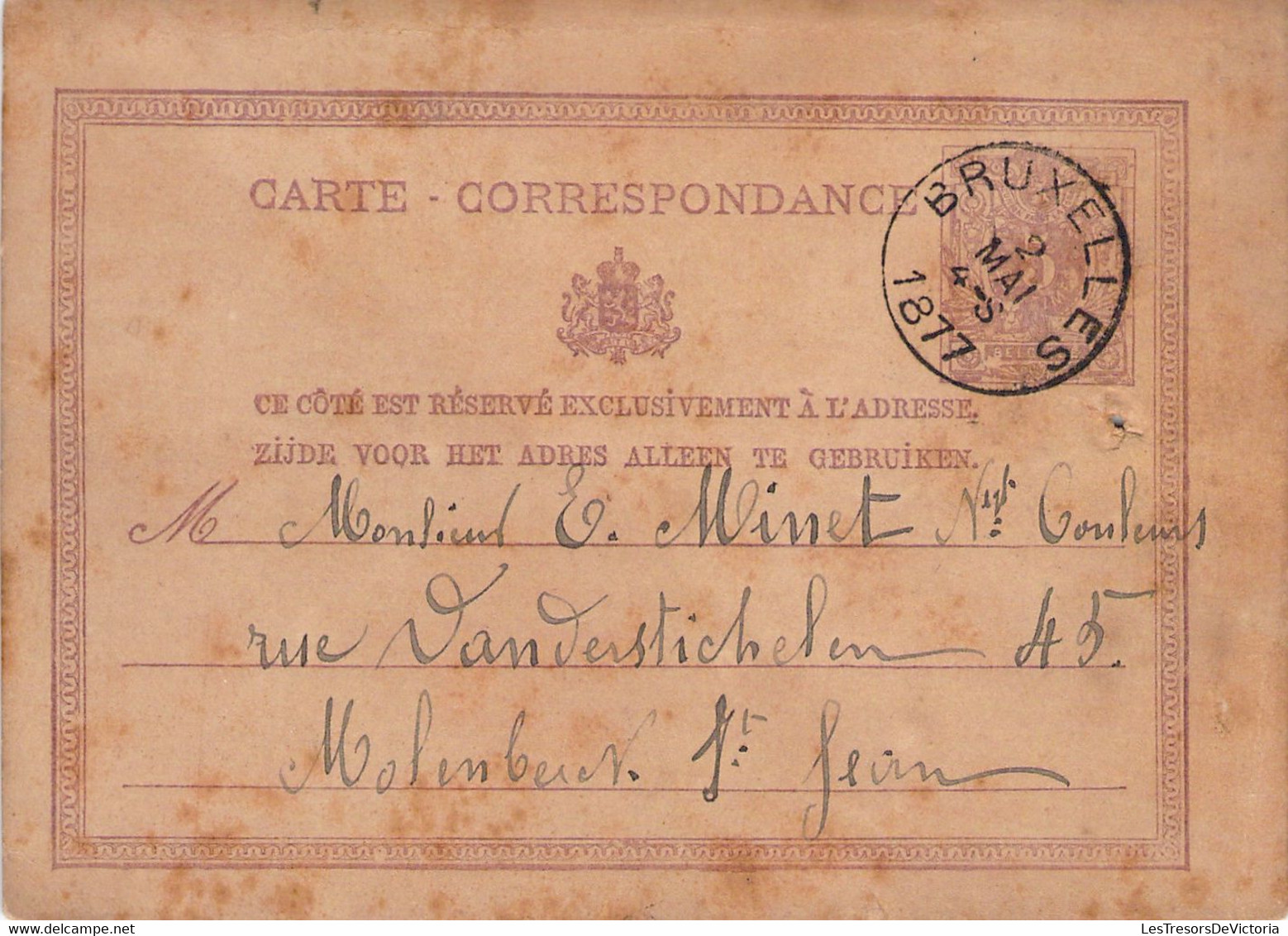 Carte Correspondance Entier Postal 5c Lion Couché - Oblitéré à Bruxelles En 1877 - - Postcards 1871-1909