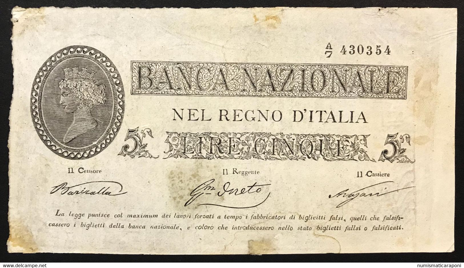 Banca Nazionale Nel Regno D'italia 5 Lire 25 07 1866 Falso D'epoca Lotto.3878 - [ 4] Emissions Provisionelles