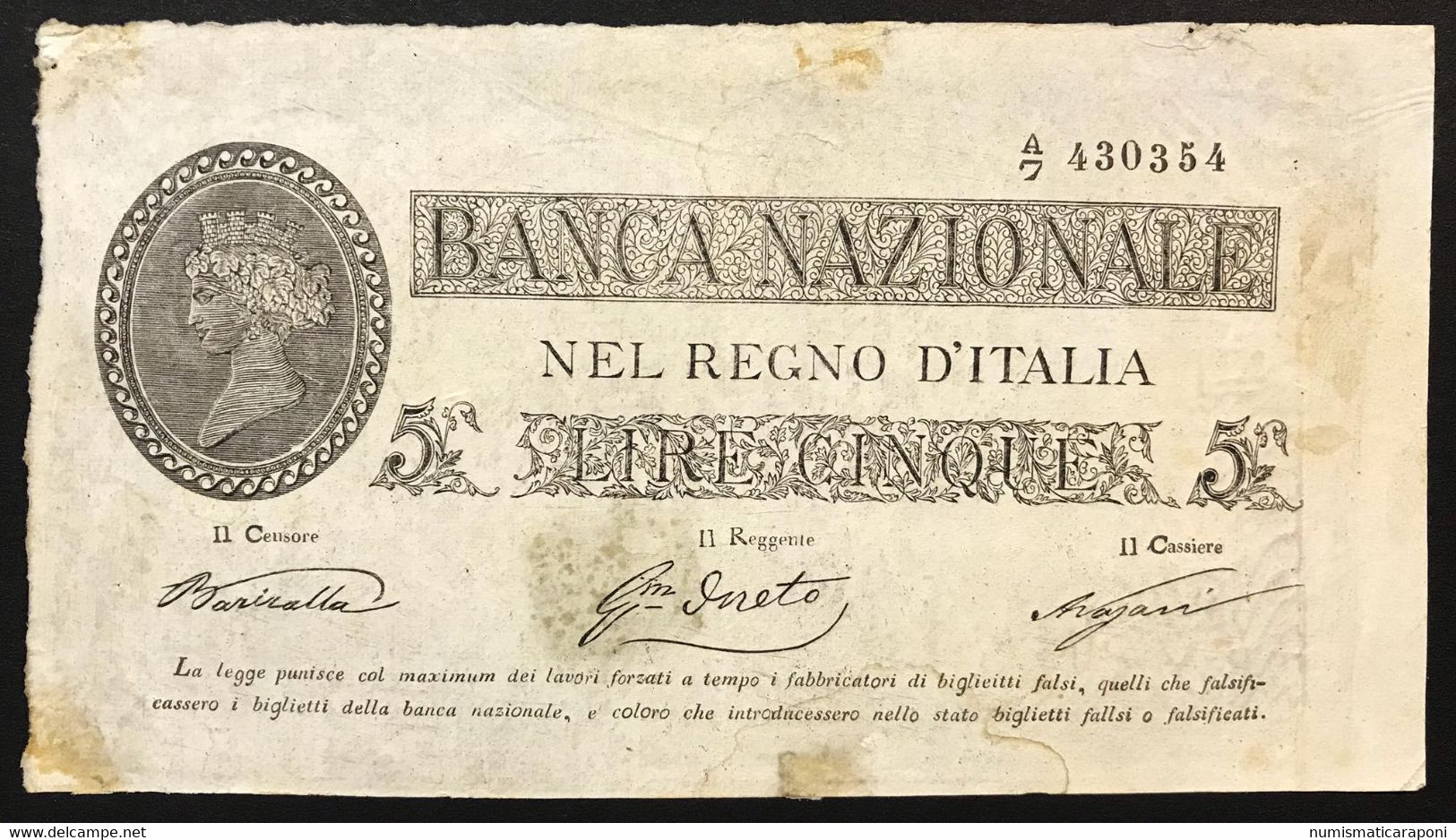 Banca Nazionale Nel Regno D'italia 5 Lire 25 07 1866 Falso D'epoca Lotto.3878 - [ 4] Emissioni Provvisorie