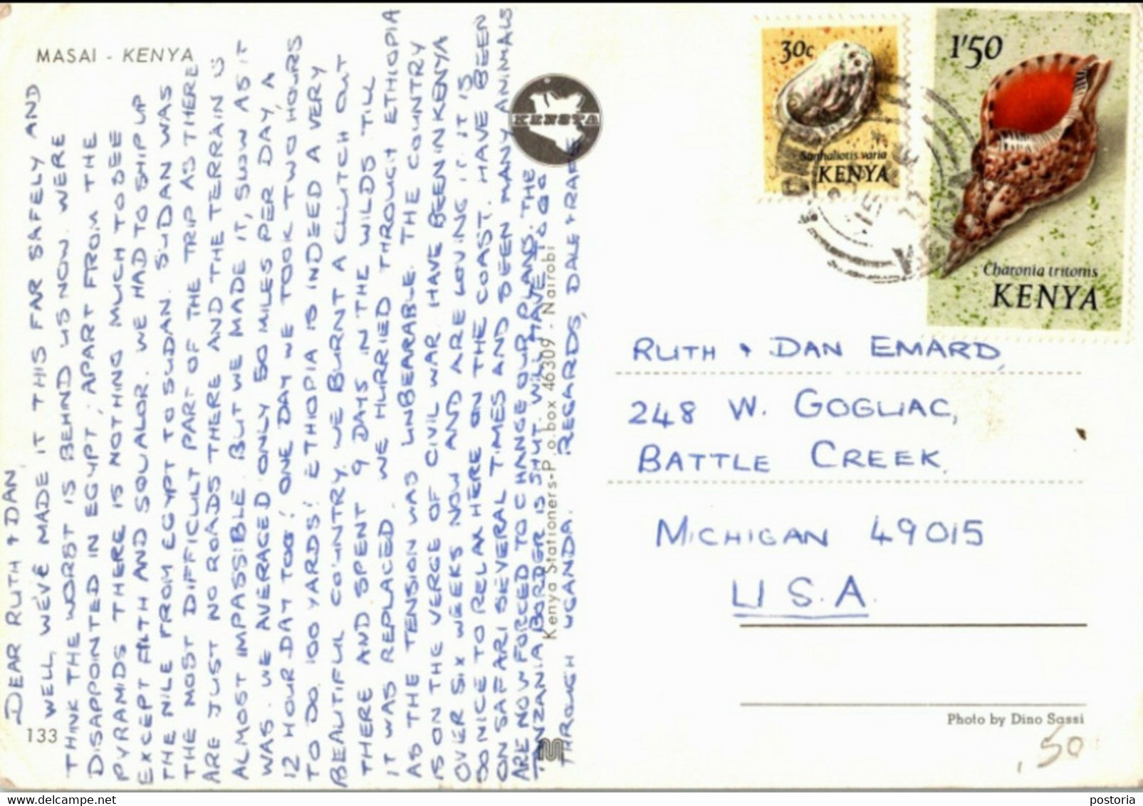 Kenia - Postkaart - Masai - 133 - Stempel: ? - Naar: Michigan - USA - 2 Zegels: Schelpen - Brits Oost-Afrika
