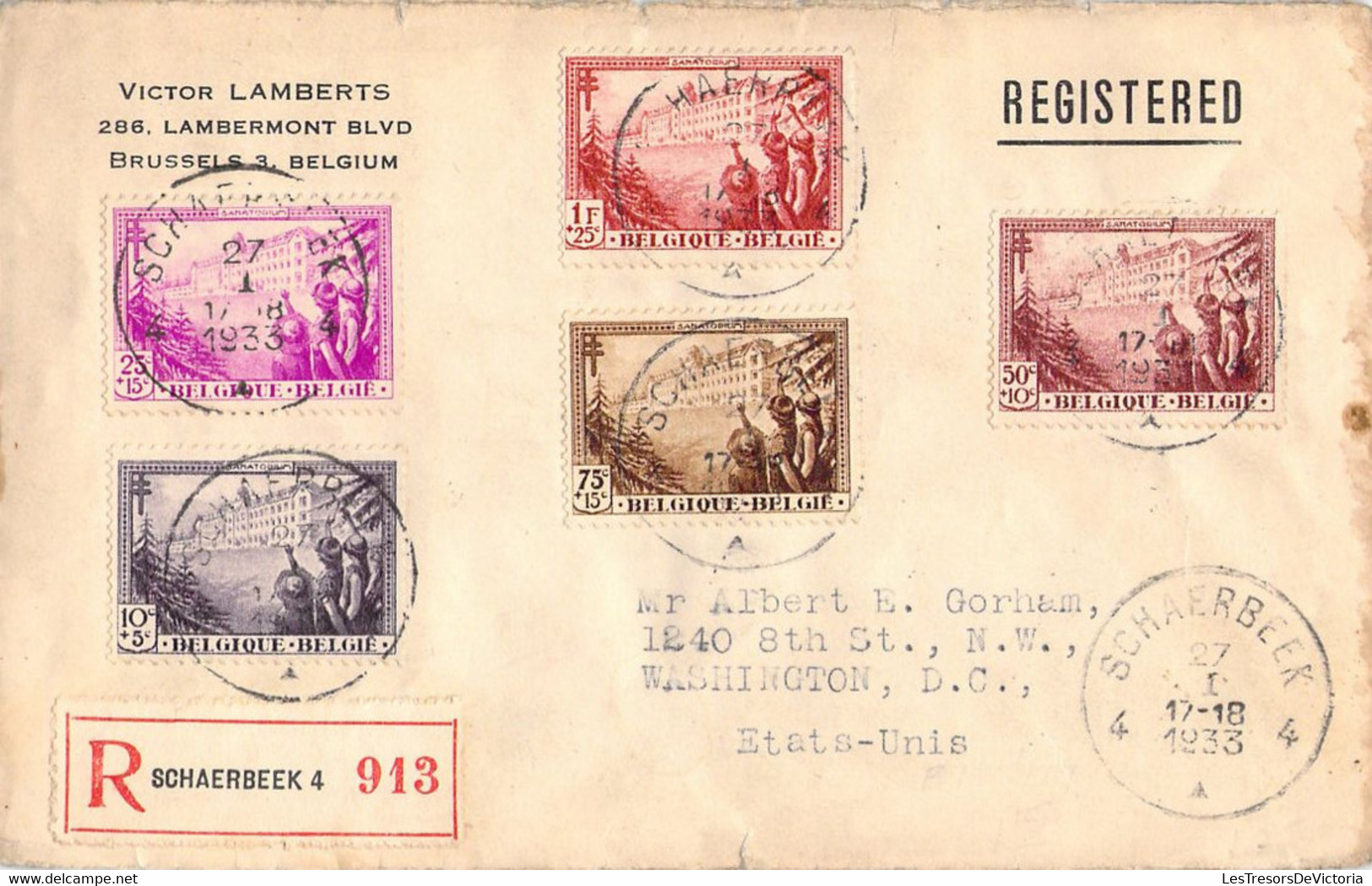 COB 281-287 Et 356/60 Sur Lettre - Recommandé De Schaerbeek Vers Washington DC USA - 1933 - Cartas & Documentos