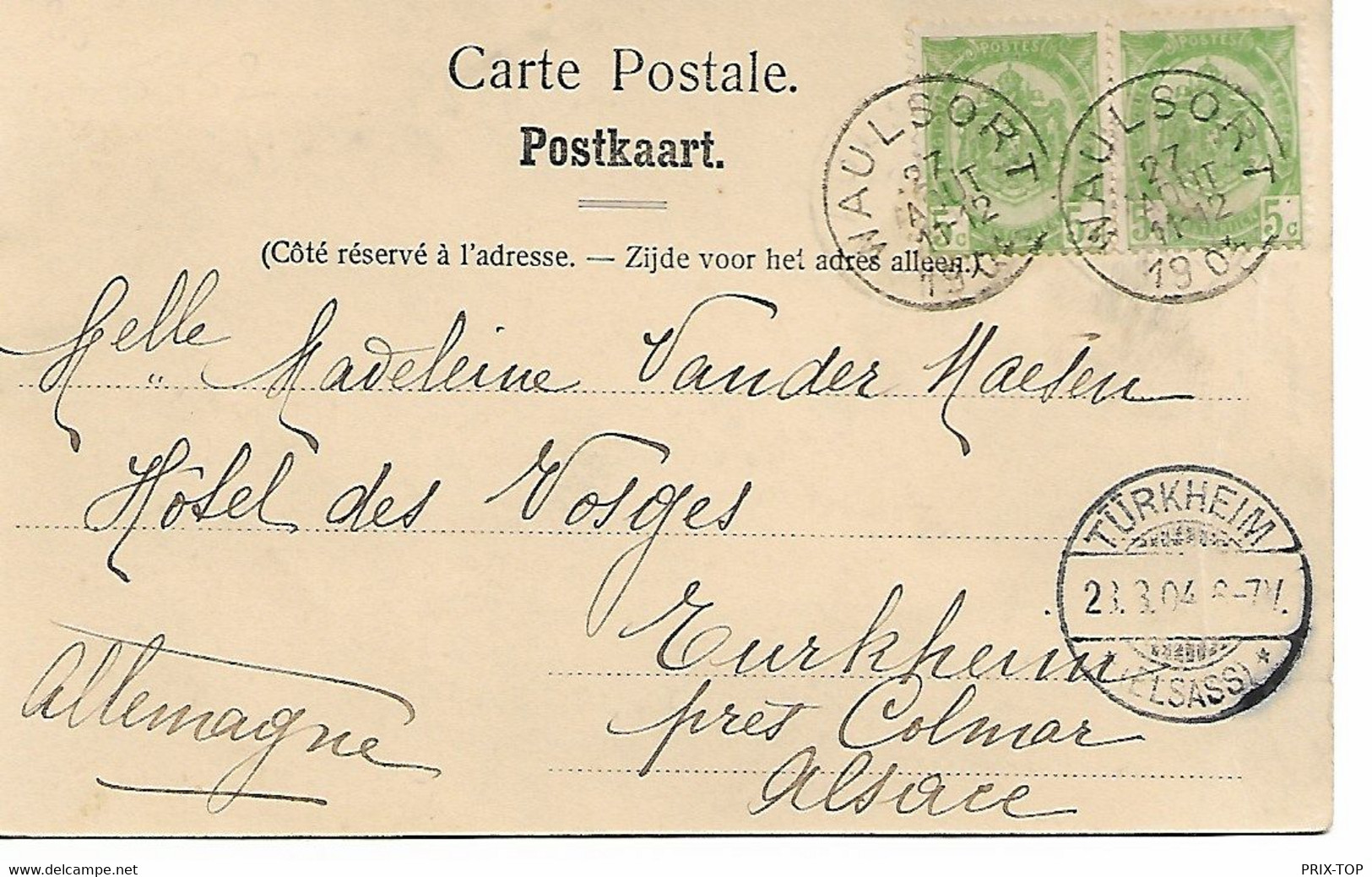 SP684/ TP 56(2) S/CP Freyr Le Château Cavaliers Pli Obl. Waulsort 27/8/1904 > Turkheim Alsace Allemagne Càp Arrivée - 1893-1907 Stemmi