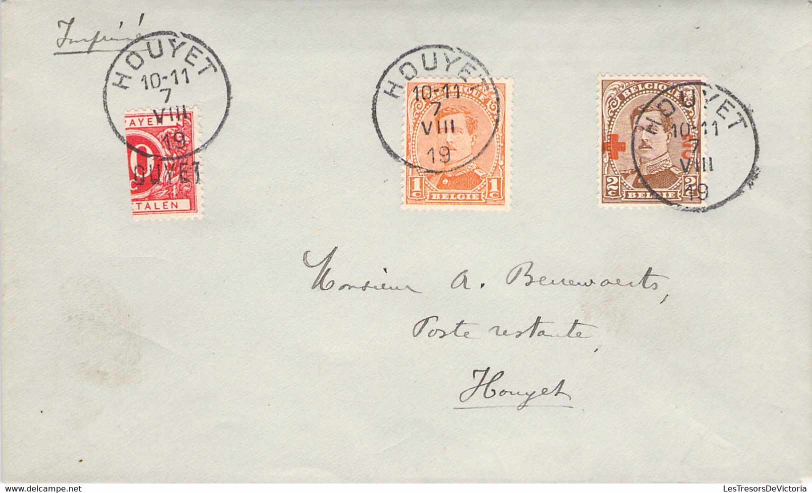 COB 135 1c Et 151 2c Croix Rouge Sur Lettre - Obl 1919 - Taxée à 5centimes Par T-Tx N°13A Surchargé Coupé En Deux Rare - Briefe U. Dokumente