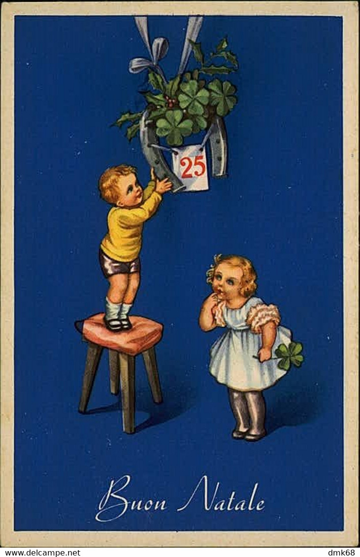 CASTELLI SIGNED 1940s POSTCARD - KIDS & HORSESHOE AND MISTLETOE - EDIT DEGAMI  (3059) - Castelli