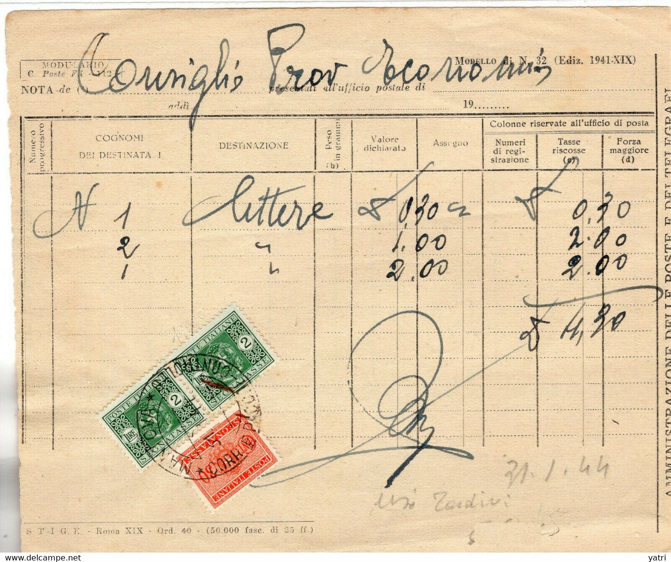 RSI (1944) - Usi Tardivi Di Segnatasse Regno Su Modulo Di Tassazione Cumulativa - Taxe