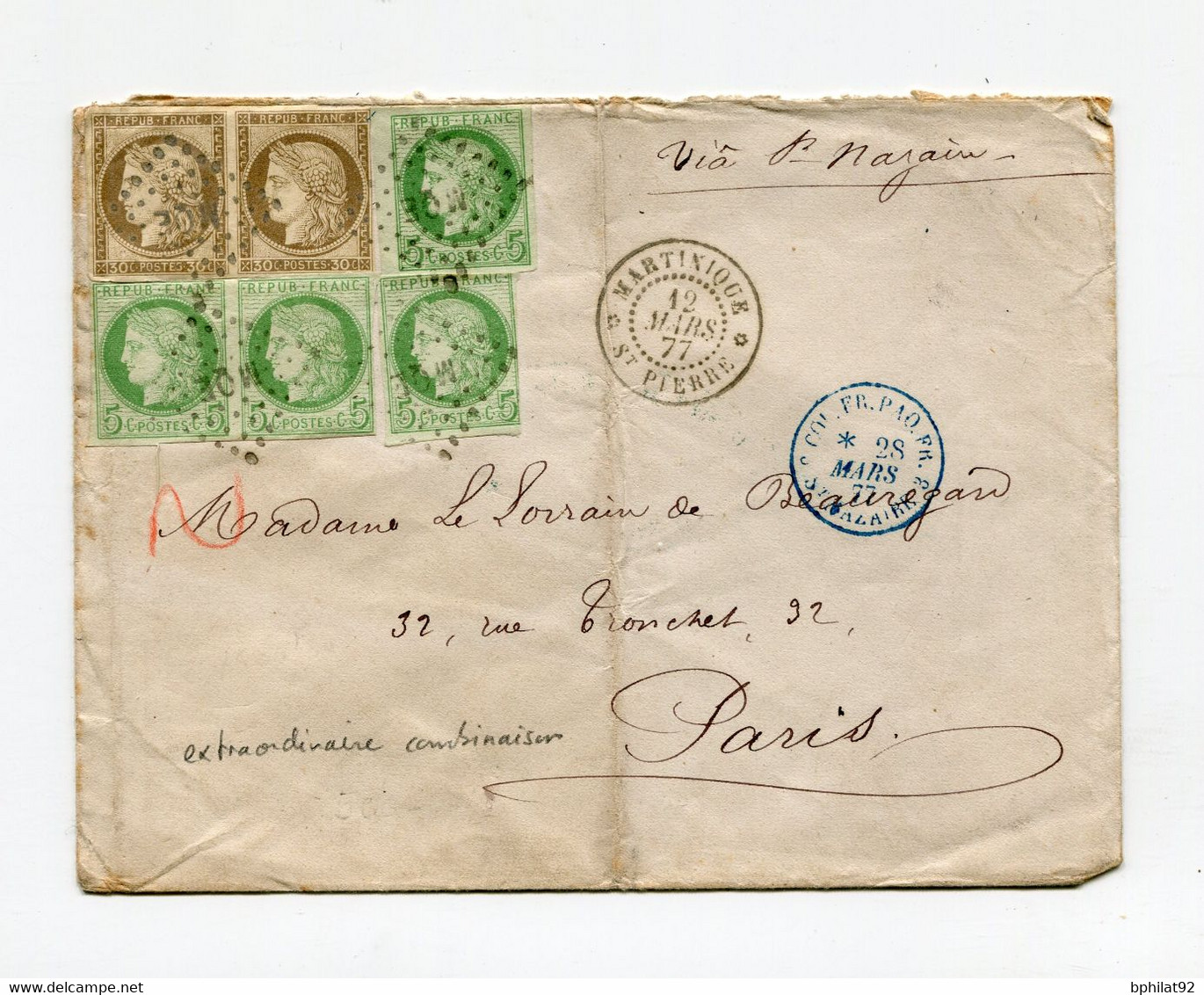 !!! LETTRE DE ST PIERRE - MARTINIQUE POUR PARIS DE 1877 PAR VOIE DE ST NAZAIRE. TARIF A 80 C, COMBINAISON RARE - Ceres