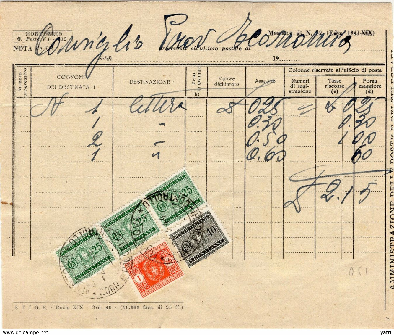 RSI (1944) - Usi Tardivi Di Segnatasse Regno Su Modulo Di Tassazione Cumulativa - Postage Due