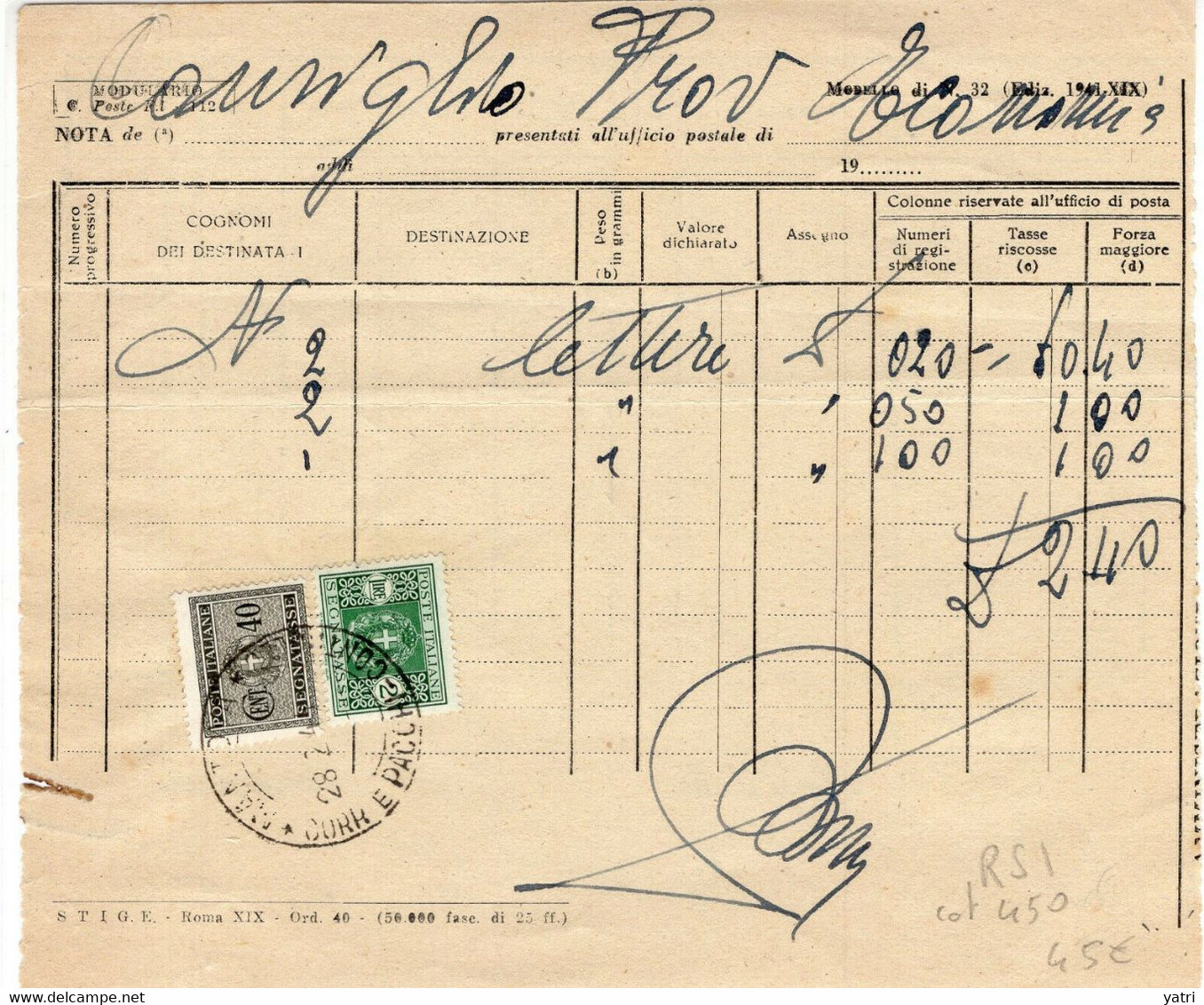 RSI (1944) - Usi Tardivi Di Segnatasse Regno Su Modulo Di Tassazione Cumulativa - Postage Due