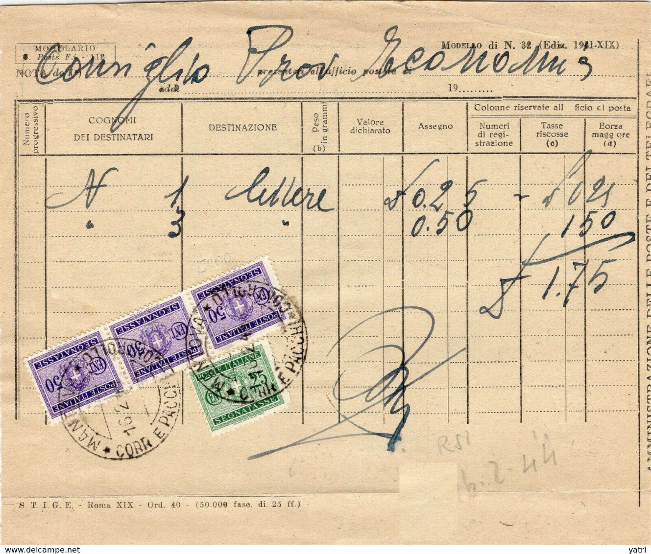 RSI (1944) - Usi Tardivi Di Segnatasse Regno Su Modulo Di Tassazione Cumulativa - Strafport