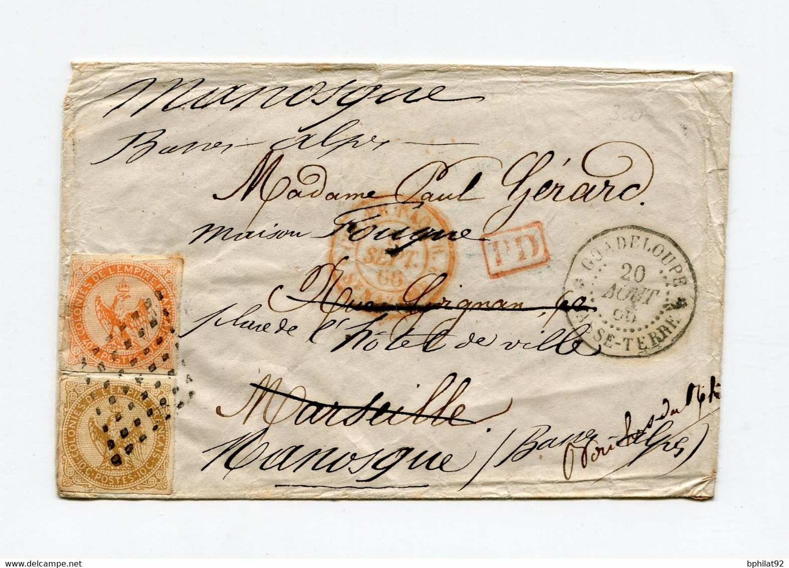 !!! LETTRE DE BASSE-TERRE - GUADELOUPE POUR MARSEILLE DE 1866. TARIF A 50 C - Águila Imperial