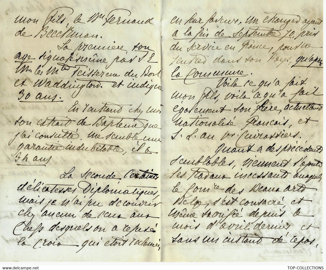 1878  MOLLARD MINISTERE DES AFFAIRES ETRANGERES 3° REPUBLIQUE  SOLLICITATION DECORATION MR PERNOUX DE BECCKMAN